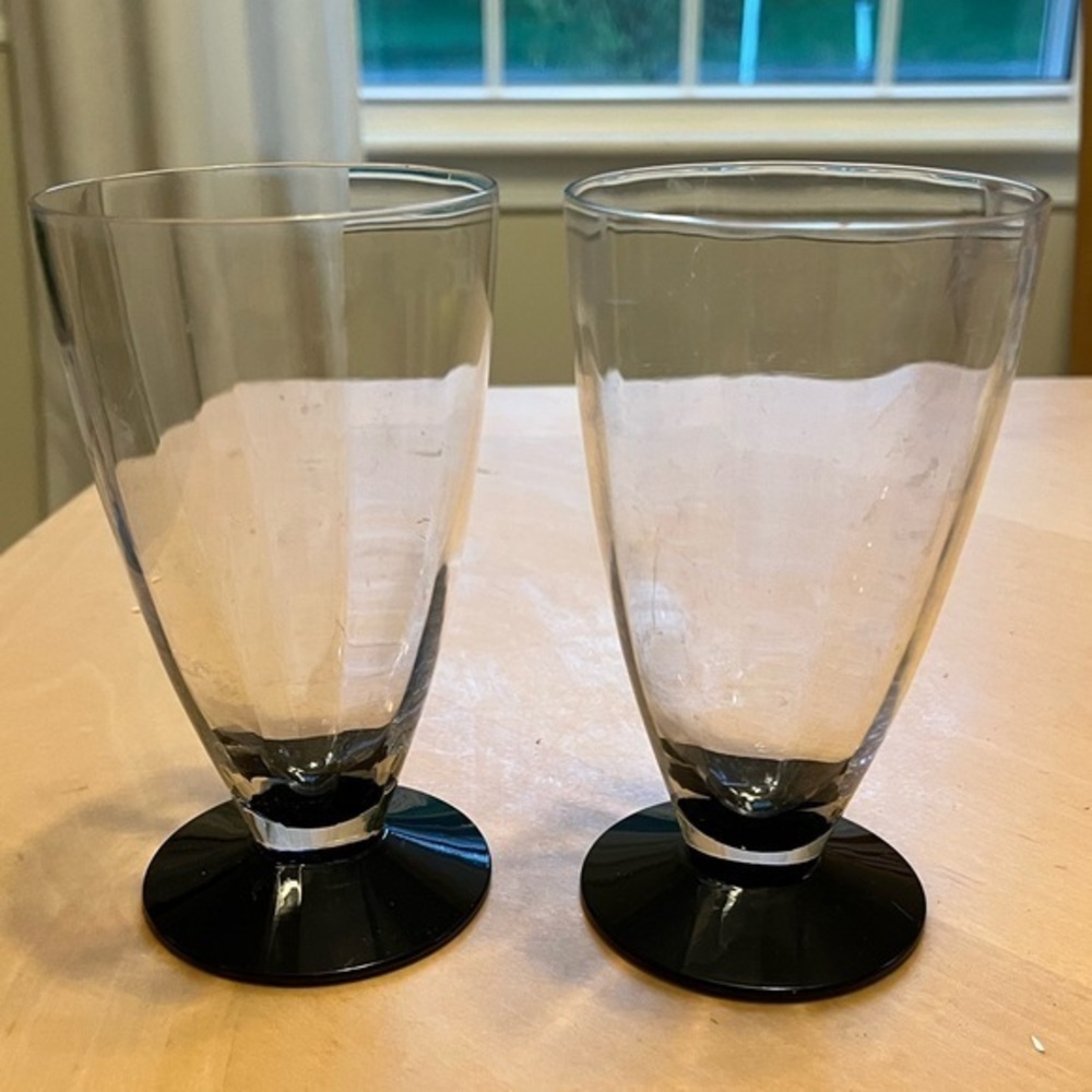 Vintage Black Base Ribbed Glass Tumblers 10 oz Set of Two